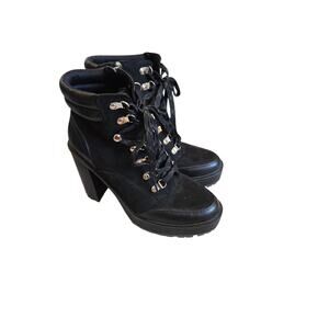 JLo black zip up block 4 in heel boots lace up detail, size 8.5